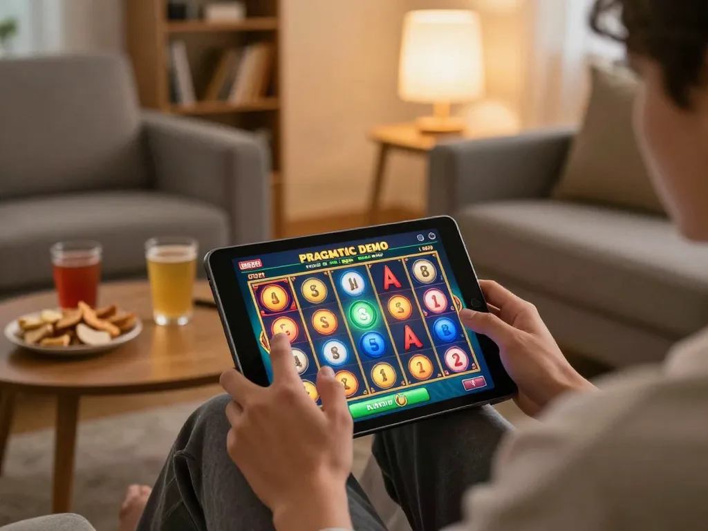 Engaging with Pragmatic Demo slot games on a tablet in a cozy living room setting