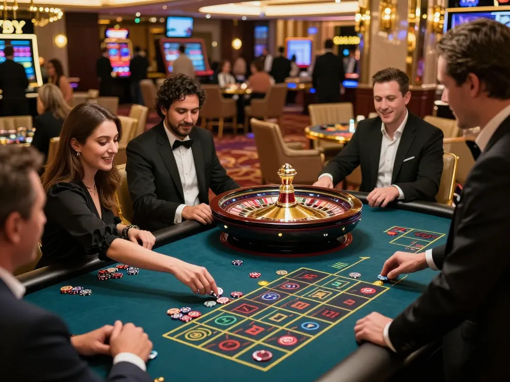 Experience strategic gameplay at kuwin's roulette table with eager players and elegant atmosphere.