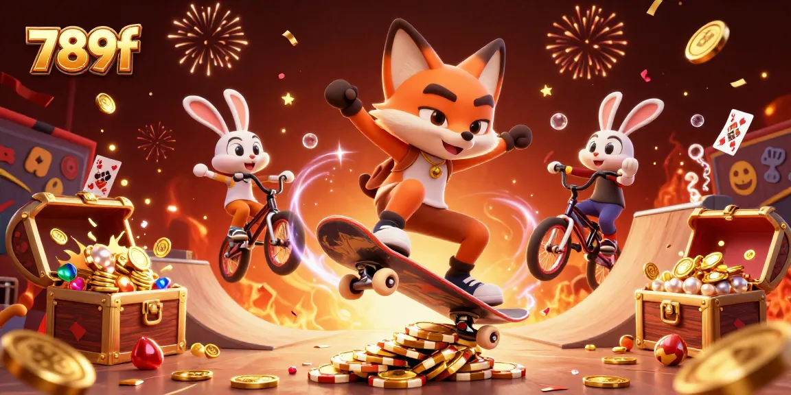 Catch the excitement in 789f as the skateboarding fox and BMX-riding rabbit enjoy thrilling casino adventures.