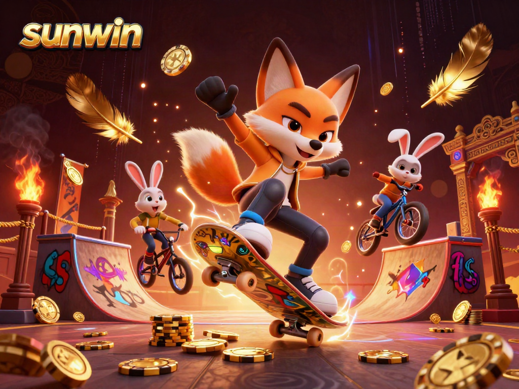 Experience thrill and excitement at Sunwin with the skateboarder fox and BMX-riding rabbit surrounded by casino symbols and gold tokens.