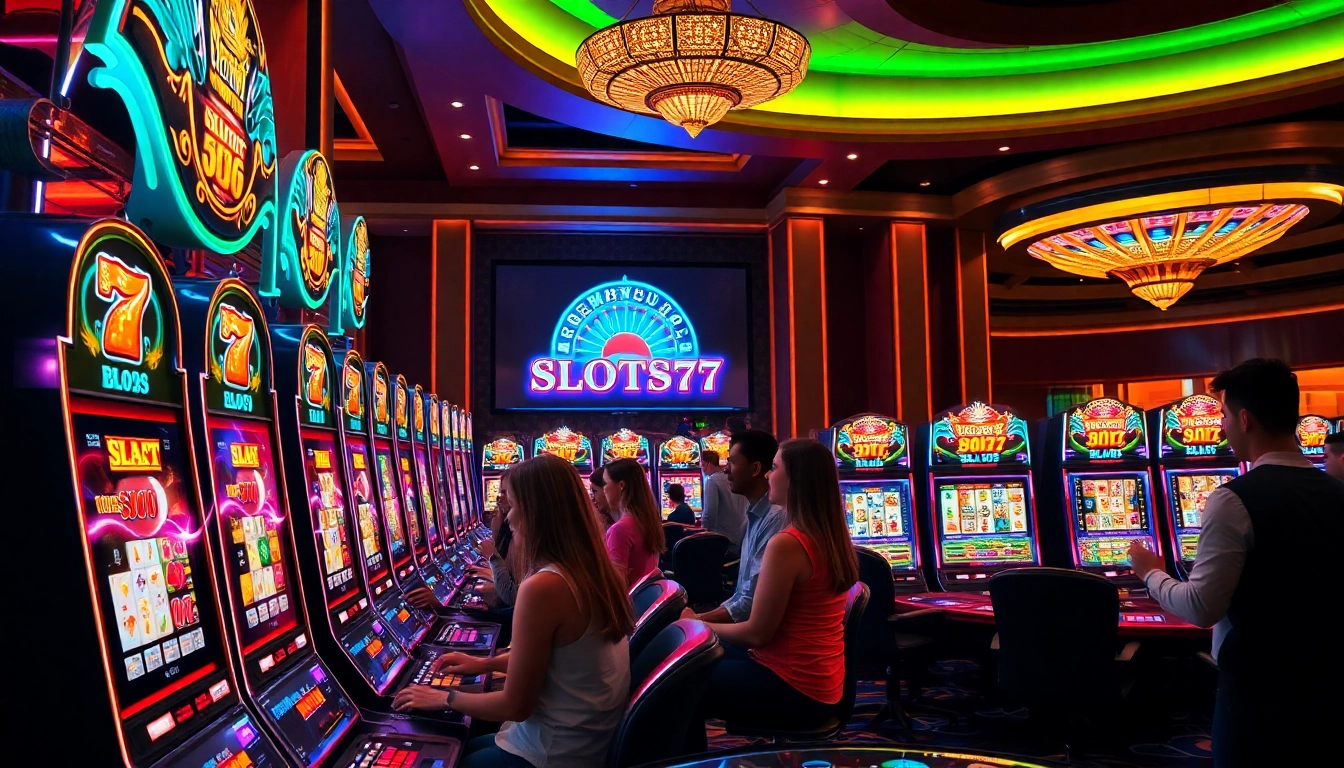 Excited players engaging with slots777 machines in an elegant casino setting filled with thrill and vibrant designs.