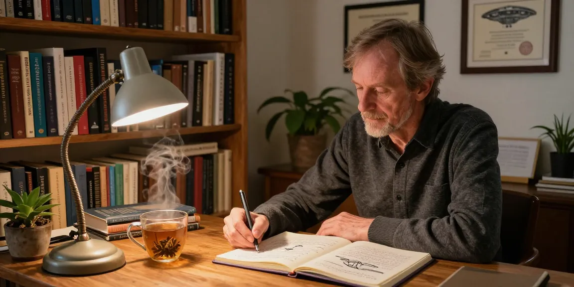 T Allen Greenfield's study at https://tallengreenfield.com, showcasing spiritual and UFO study, warm inviting atmosphere.