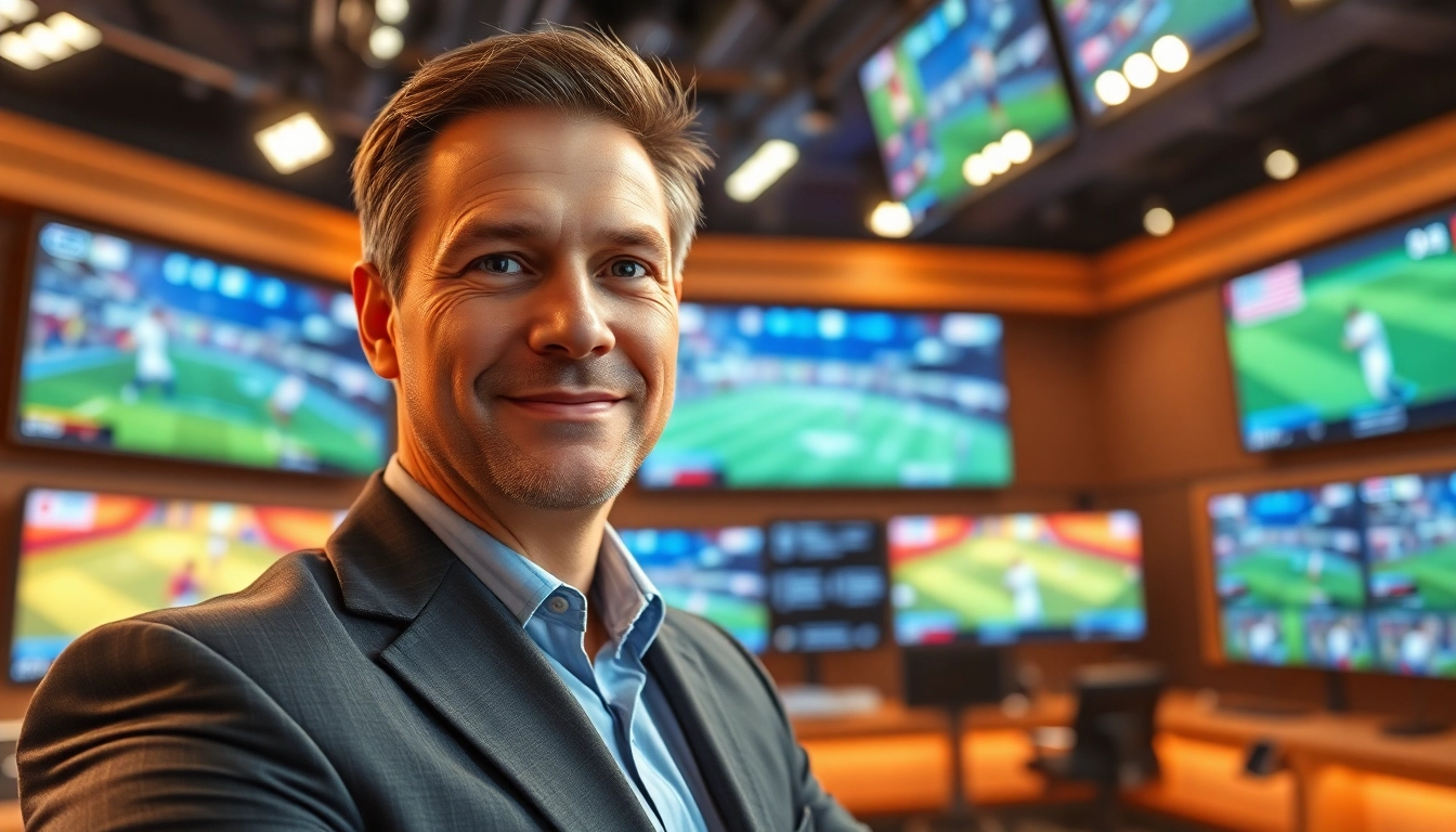 Engaging sports broadcasting scene with a professional broadcaster in action.