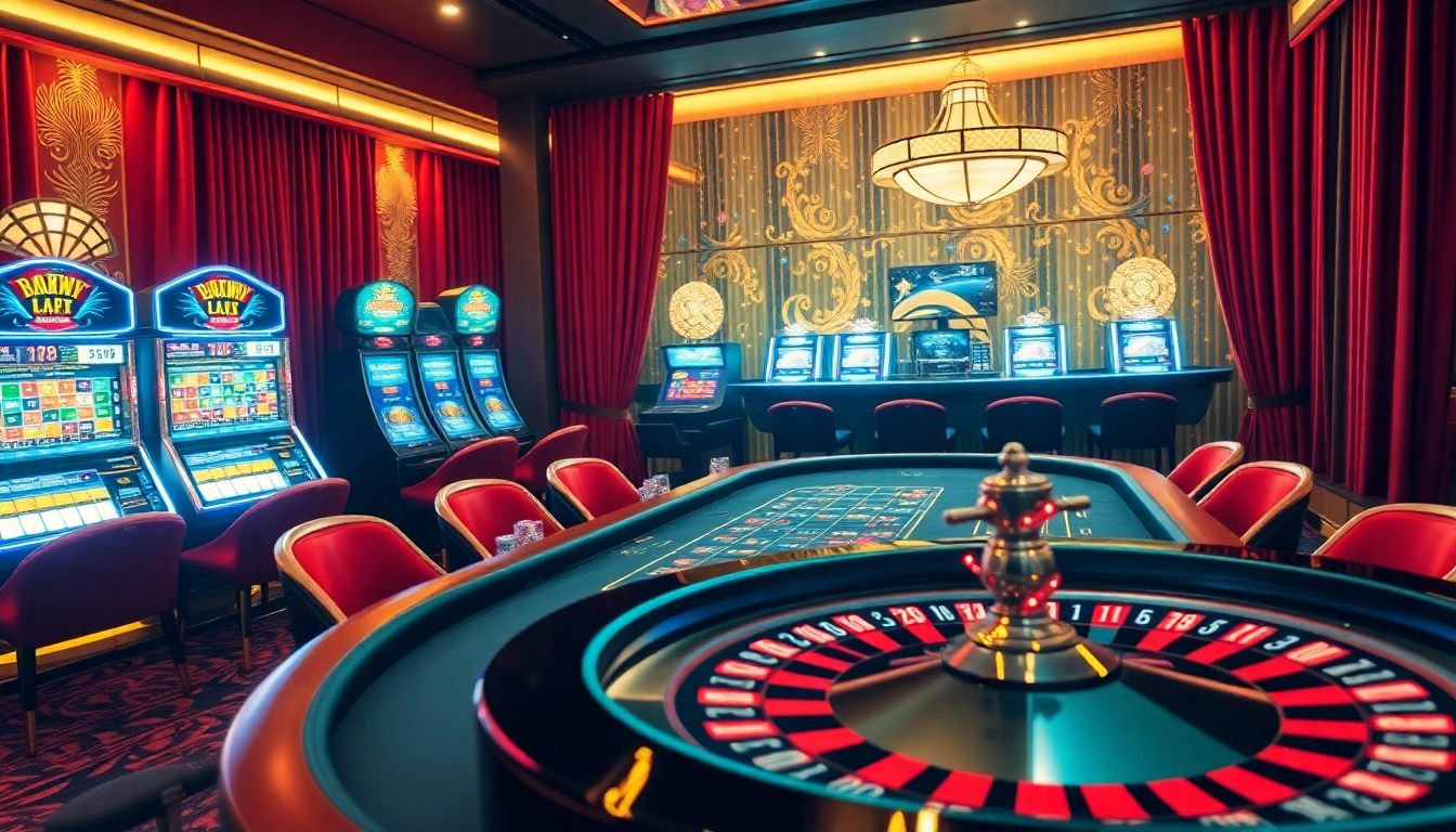 luxury138 online betting scene with baccarat table and vibrant slot machines.
