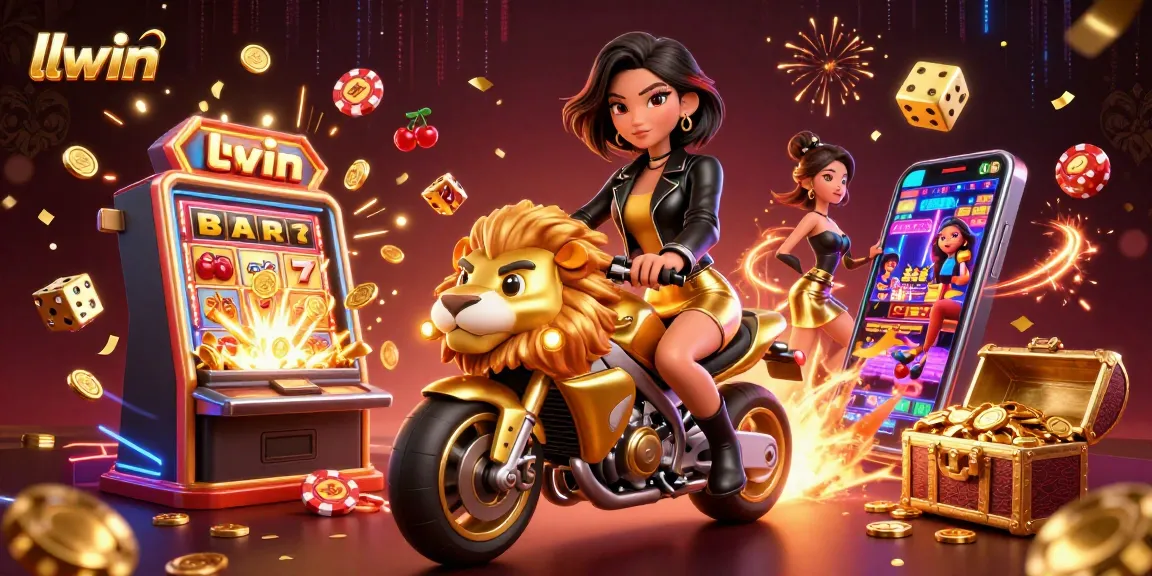 Experience thrilling jackpots at llwin with a glamorous woman riding a golden lion amidst vibrant casino elements.
