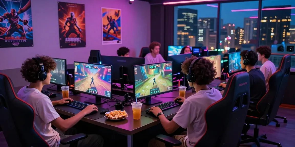 A lively online gaming scene showcasing players engaging with their screens, highlighting akunjp's community spirit.