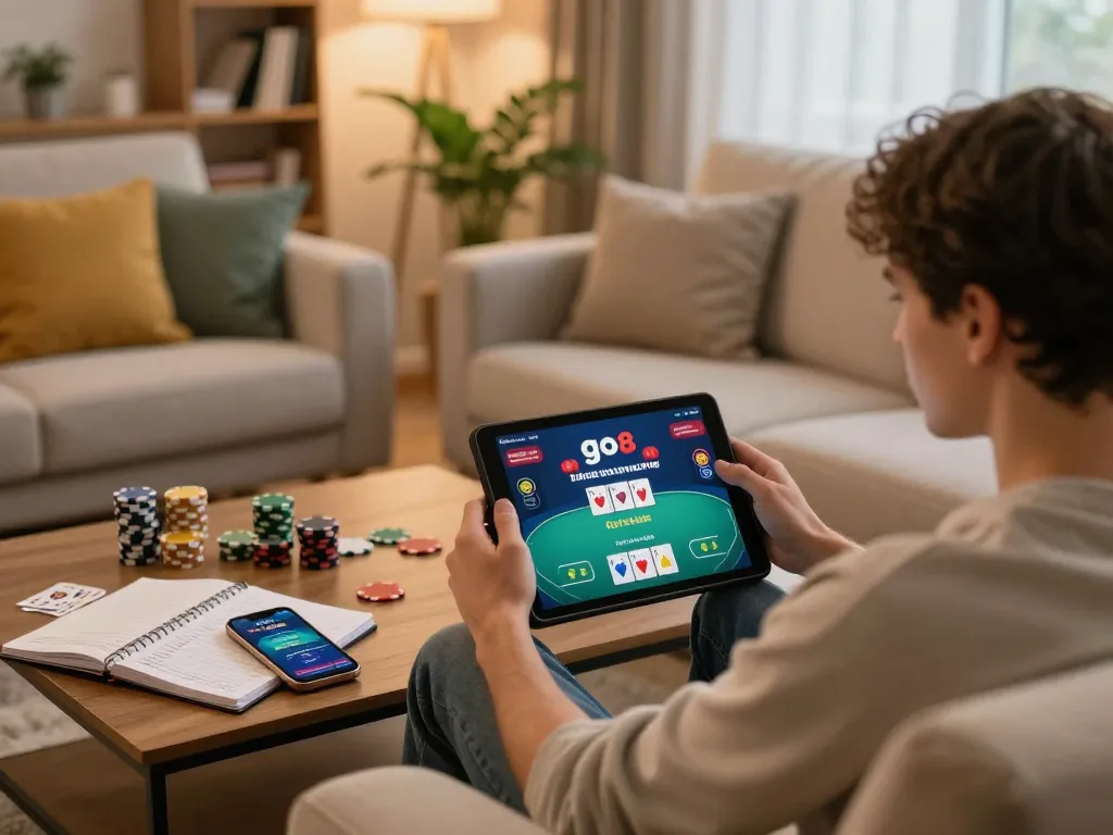 Player engaged in a poker game on go8 while relaxing on a couch, surrounded by strategy notes.