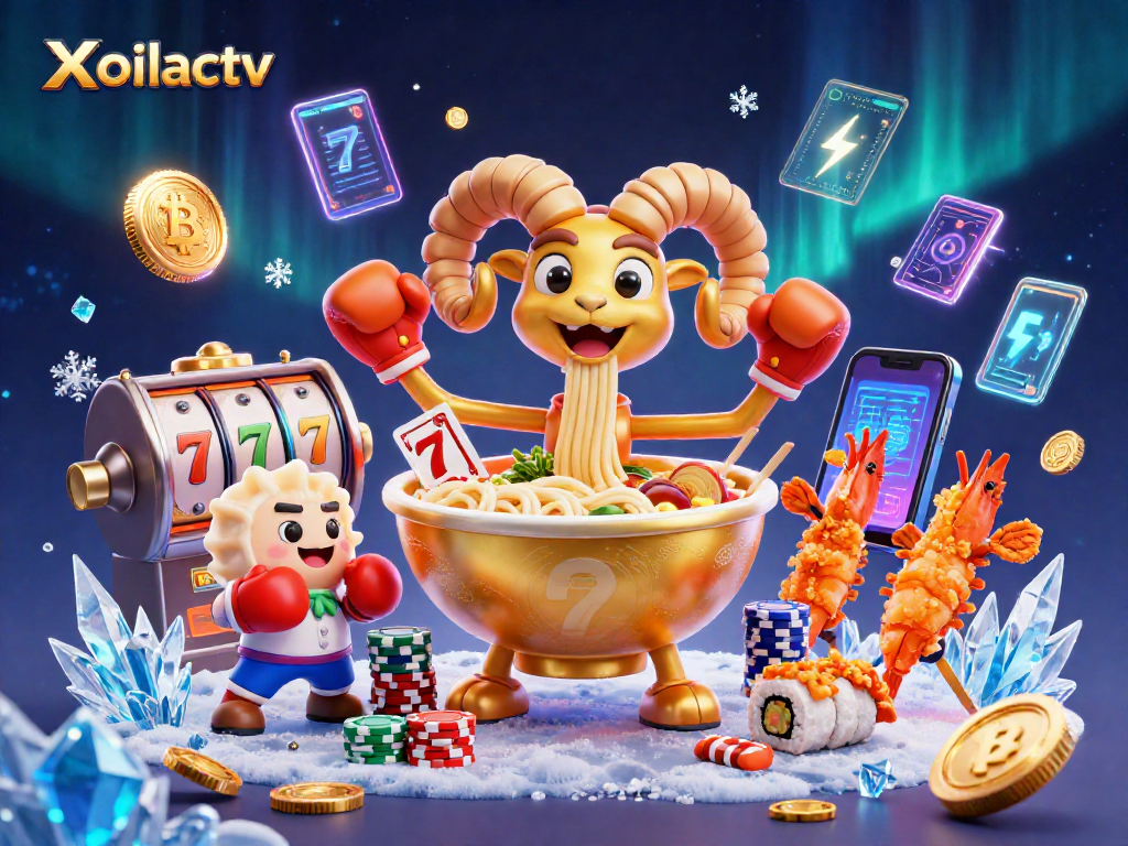 Xoilactv's playful casino scene with vibrant characters and dynamic cryptocurrency elements