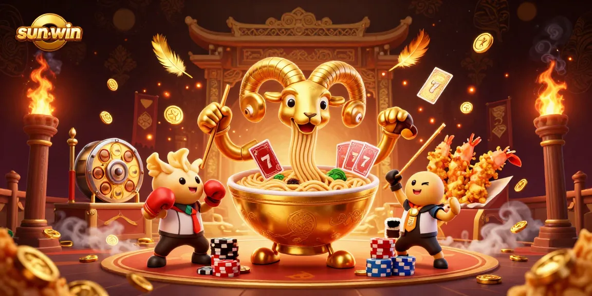 Experience the thrilling action at sun-win with a giant ramen bowl dealer amidst golden gambling excitement!