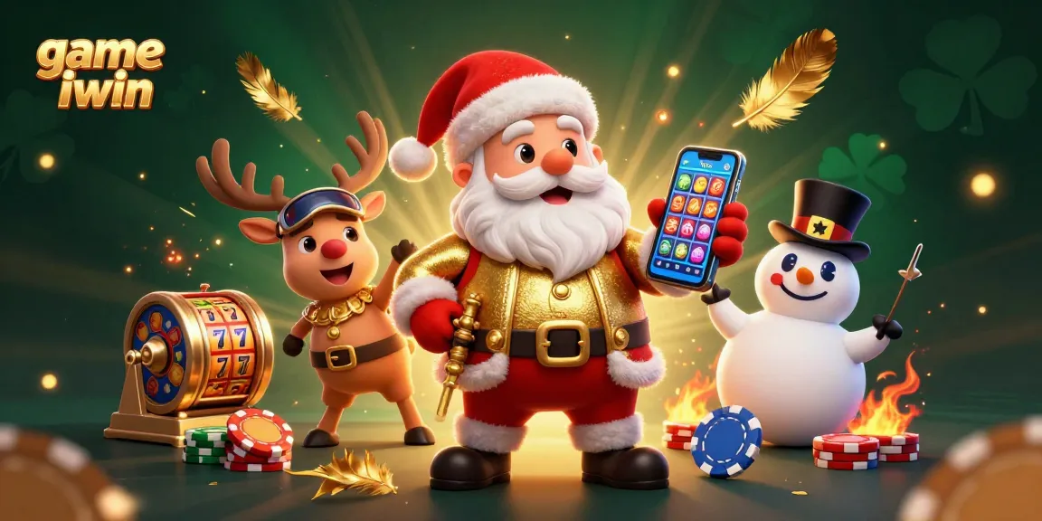 Play thrilling slots in game iwin with festive Santa, his reindeer, and a poker chip snowman.