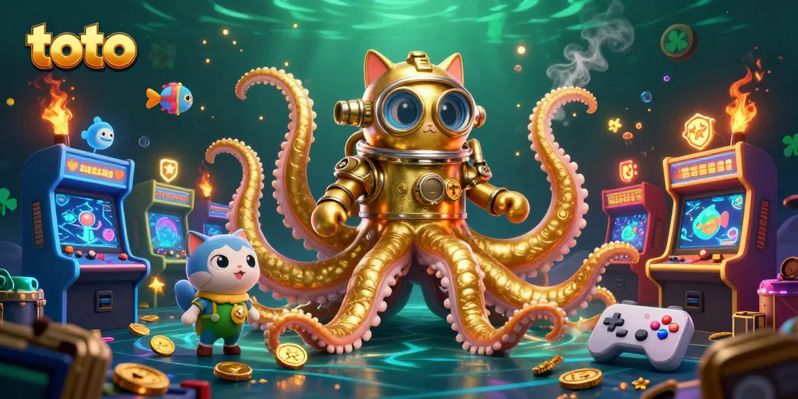 Toto gaming experience featuring a colossal kraken, vibrant arcade elements, and a deep-sea diving cat in a casino-themed world.