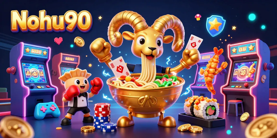 Nohu90's vibrant cartoon scene showcases a golden ramen bowl dealing cards, surrounded by dynamic casino game elements.