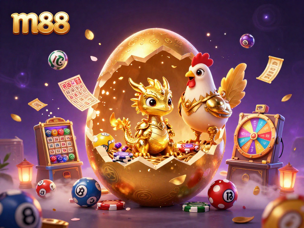 m88 ค้นพบการเล่นเกมคาสิโนสดในภาพที่มีมังกรทองคำและไข่ทองคำขนาดใหญ่อยู่ในฉากที่มีสีสัน