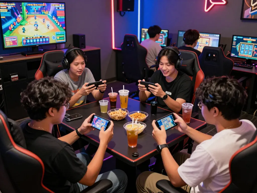 Friends enjoying slot gacor hari ini in a vibrant gaming lounge with colorful LED lighting and excitement.