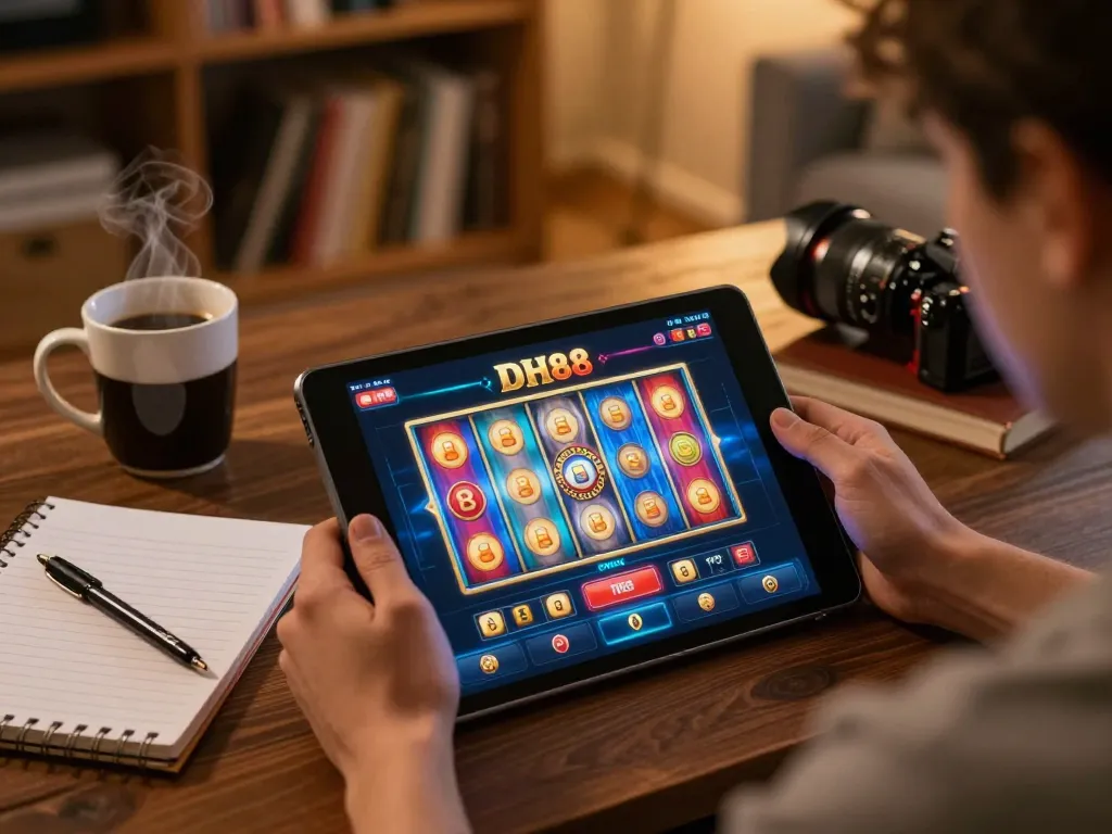 Engaging player using DH88 app for online gaming while sipping coffee, highlighting responsible gambling.