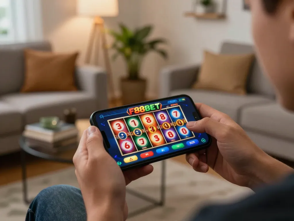 Engaging in mobile gaming on F88BET app with excitement in a cozy home setting