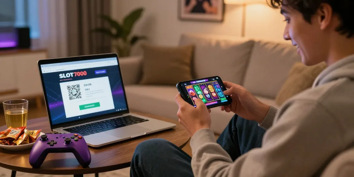 Player engaging with slot7000 on smartphone, enjoying online gambling experience.