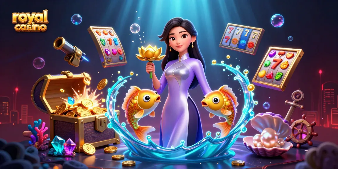 Engaging royal casino scene with vibrant slot elements and characters in a dazzling underwater setting.