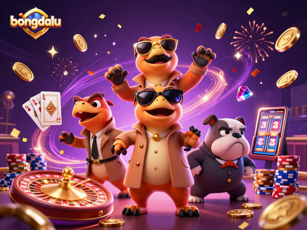 Engage with bongdalu casino fun featuring raptors sneaking into VIP lounge amidst gold coins and a bulldog bouncer.