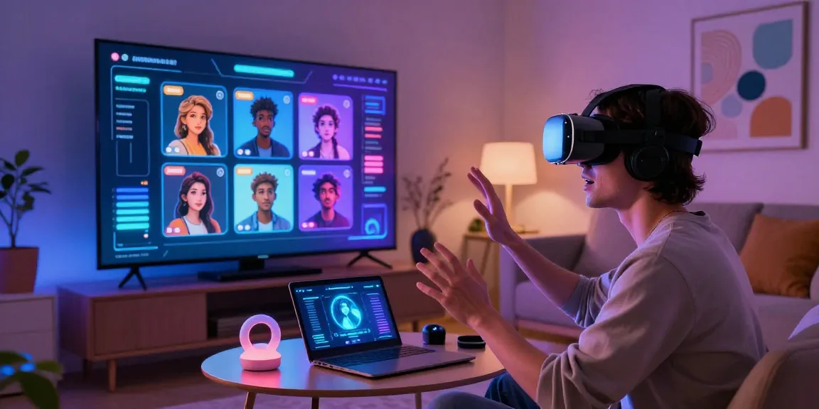 Engaged user exploring Crushon AI via immersive VR chat with customizable characters in a modern tech setting.