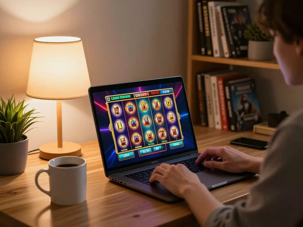 Player engaging in online slots at home using snk88, showcasing vibrant game graphics and a cozy setup.