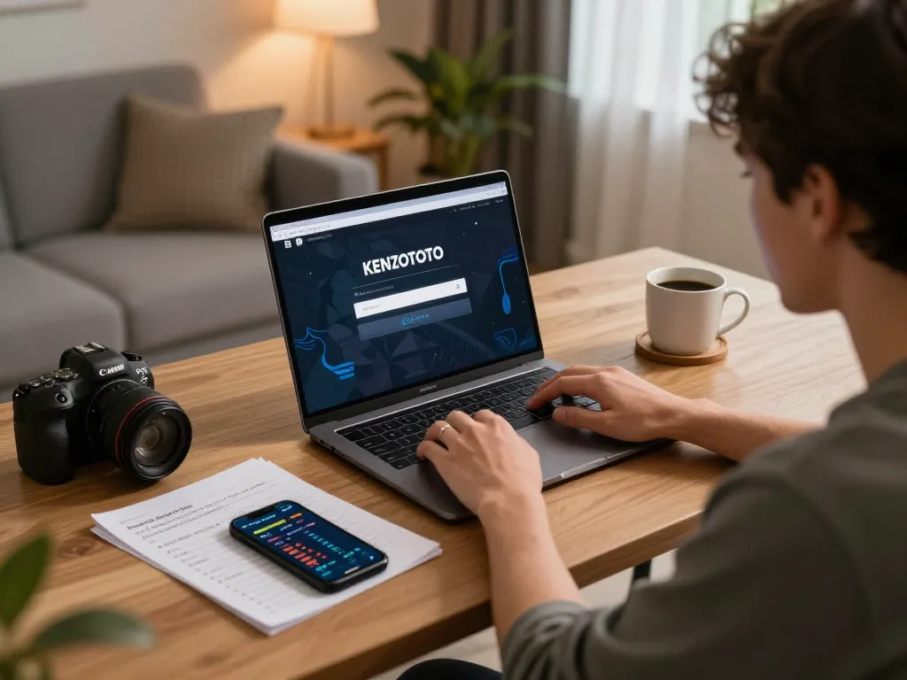 Pemain menggunakan login KENZOTOTO di laptop di rumah untuk sesi perjudian online yang strategis.