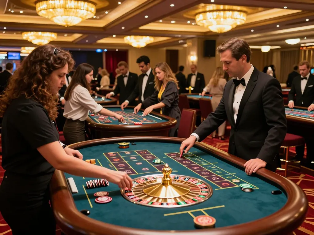 Players engaging in bets at the luxurious casino floor of fly88 com, capturing the thrill of roulette.