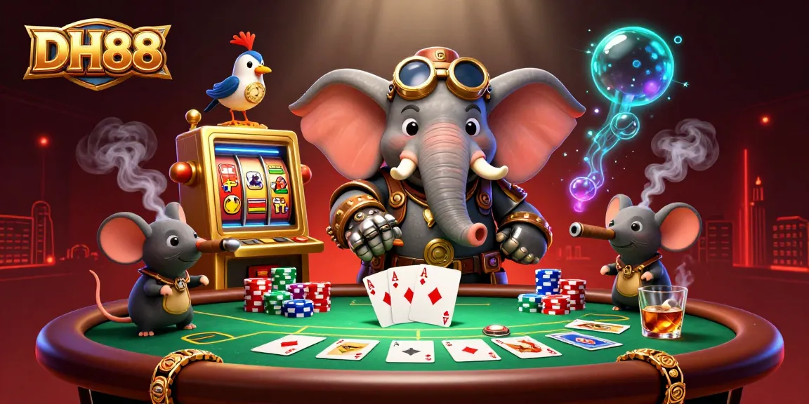 Experience the thrill of gambling at DH88 with vibrant steampunk characters and poker elements, showcasing excitement in a dynamic setting.