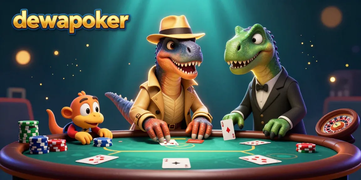 Dewapoker showcases a playful 3D velociraptor at a poker table, capturing the excitement of online gaming with chips and cards.