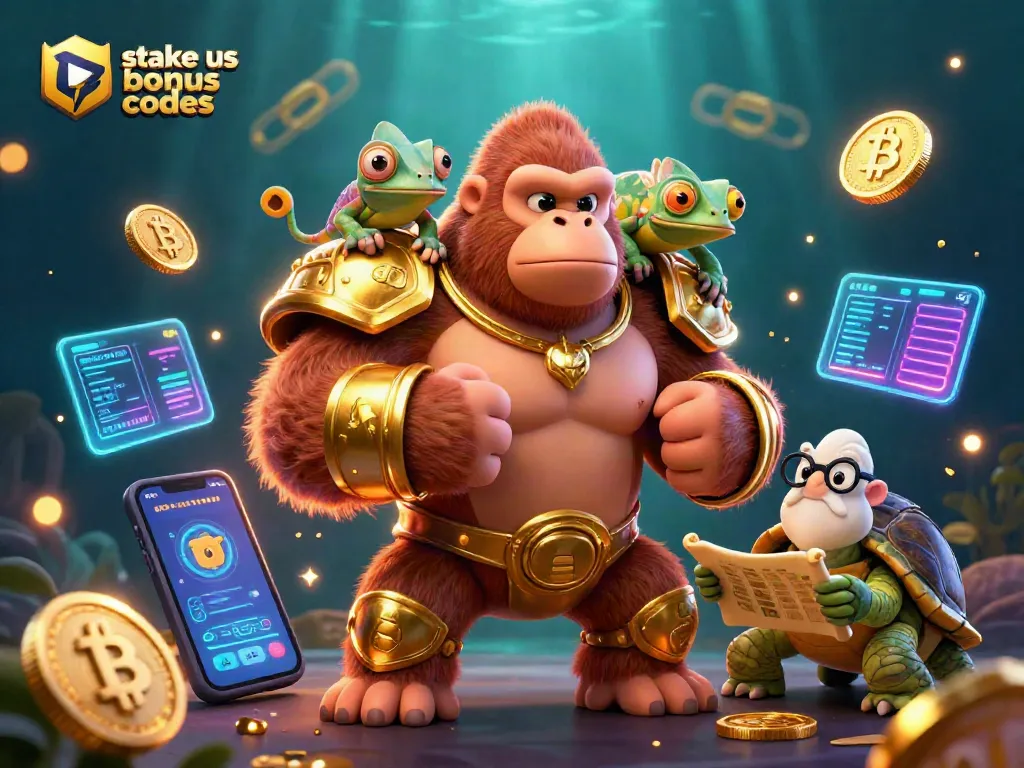 Claim stake us bonus codes and see a powerful gorilla surrounded by neon crypto coins.