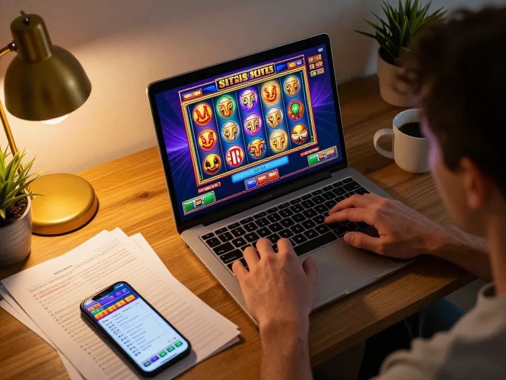 Engaging player enjoying situs slot games on laptop in a cozy home setting.