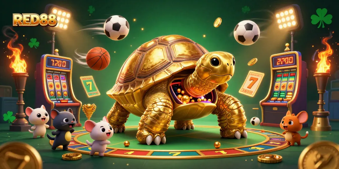 Play exciting games at RED88 with a vibrant 3D illustration of a gold tortoise casino pinball.