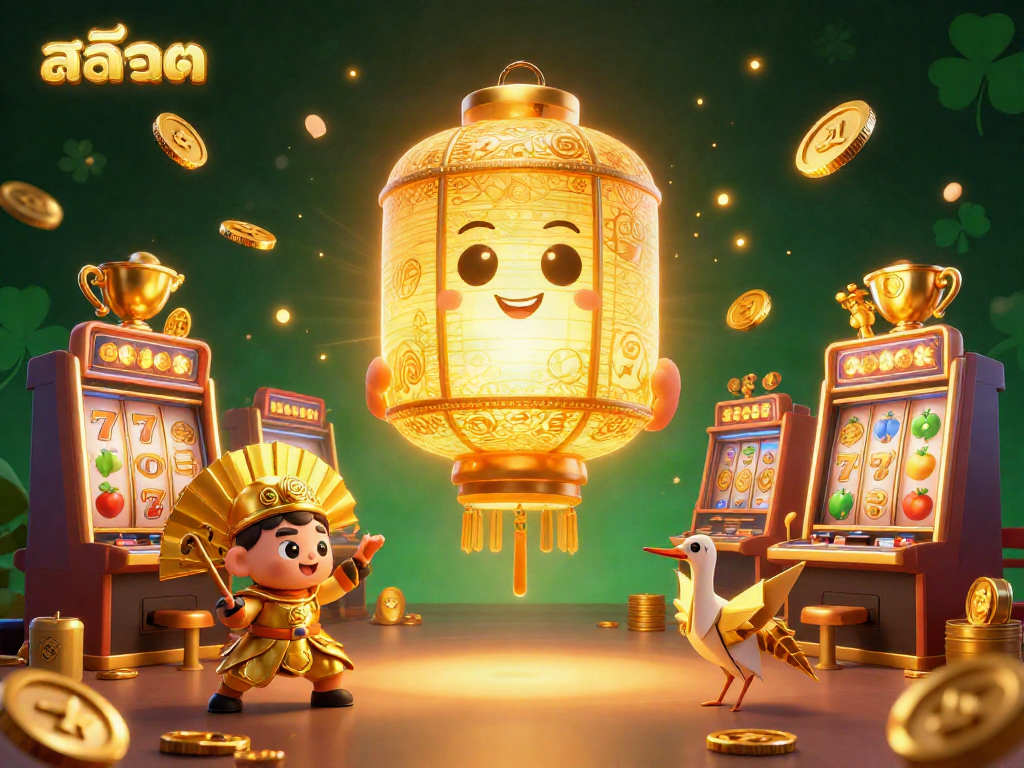 Spin the reels of สล็อต in an enchanting night market atmosphere with golden lanterns and lucky symbols.