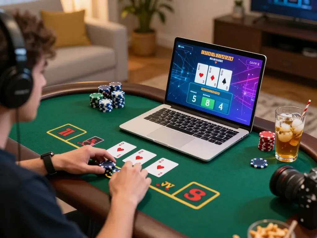 Engaging in live dealer blackjack on mb88 com with a cozy home setup and colorful graphics