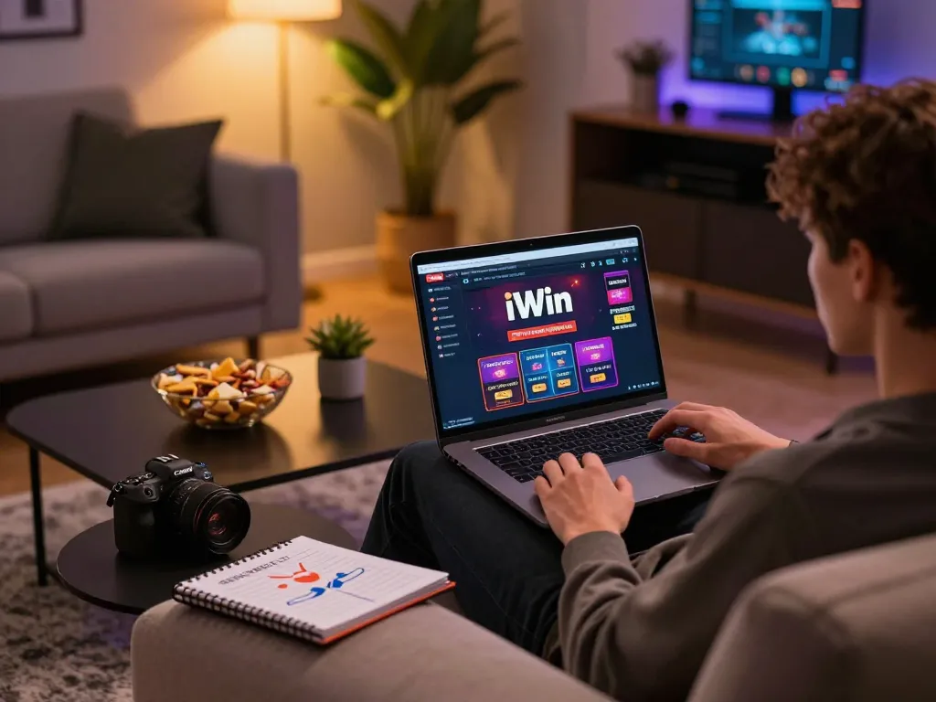 Experience the thrills of online gambling with iWin in a stylish home setup.