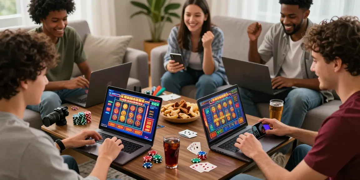 Dynamic scene of friends enjoying the best credit card casinos while playing online games together in a cozy living room.