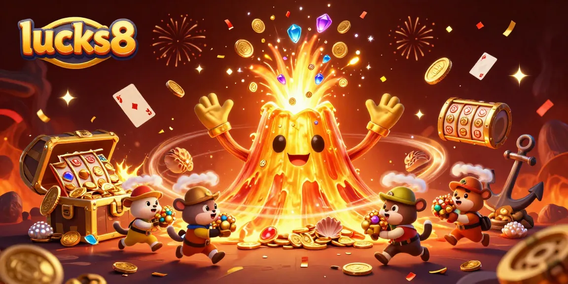 Experience big wins at lucks8 casino with vibrant 3D gold volcano erupting treasures.
