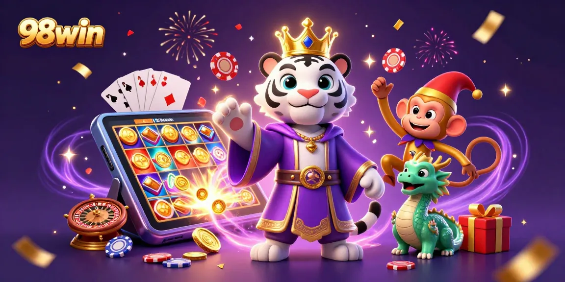 Join the 98win fun with lively characters and vibrant gaming elements in a dynamic 3D casino illustration.