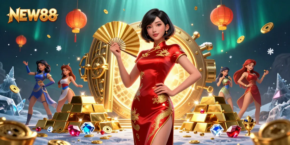 Experience the thrill of NEW88 with captivating casino elements and vibrant 3D visuals.