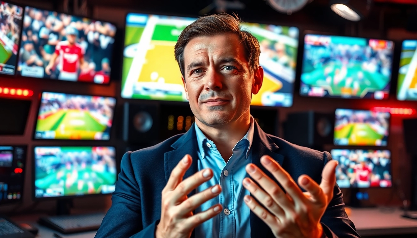 Engaging sports broadcaster delivering insights in a vibrant studio, showcasing Sports Broadcasting dynamics.