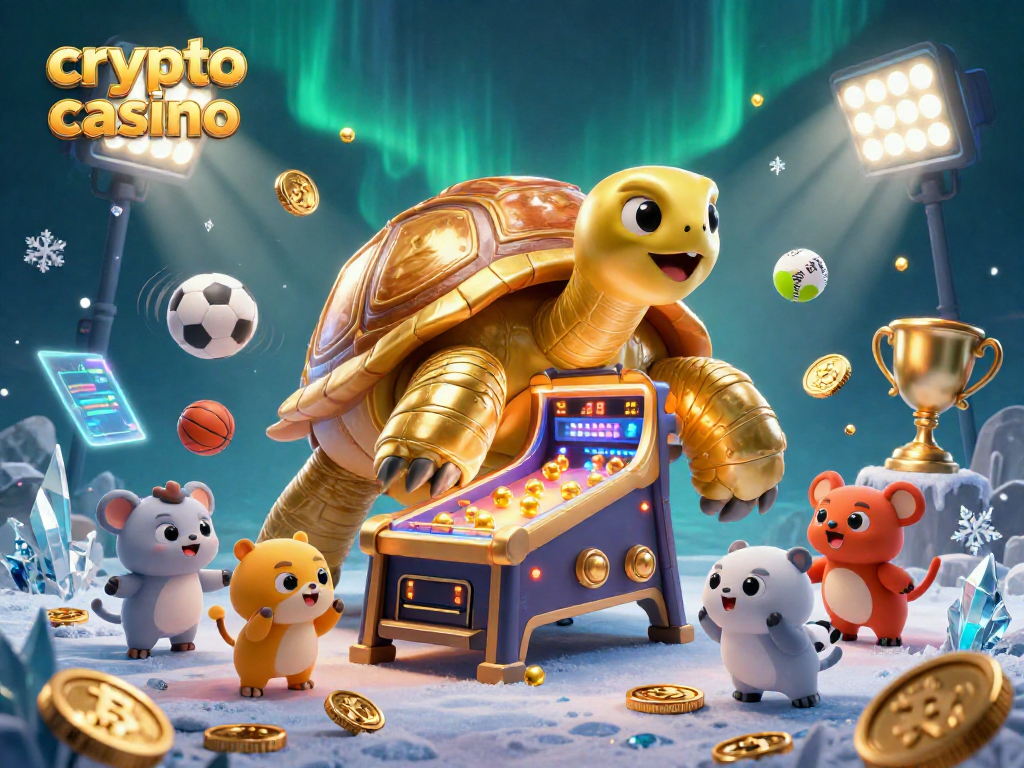 Experience the thrill of crypto casino gaming with a tortoise pinball machine, sports elements, and vibrant animations.