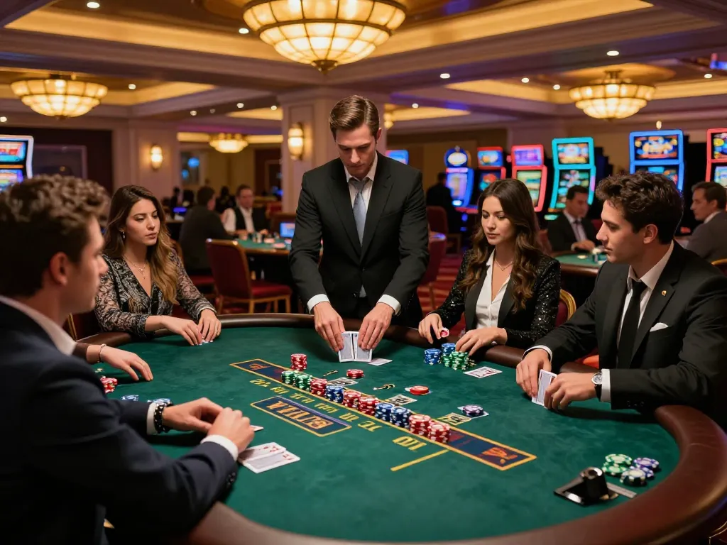 Players strategizing at a Bbet blackjack table in a luxurious casino setting, reflecting excitement and glamour.