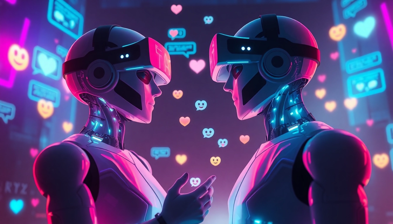 Engaging scene of AI chatbots communicating in a futuristic environment, emphasizing sex AI chat.