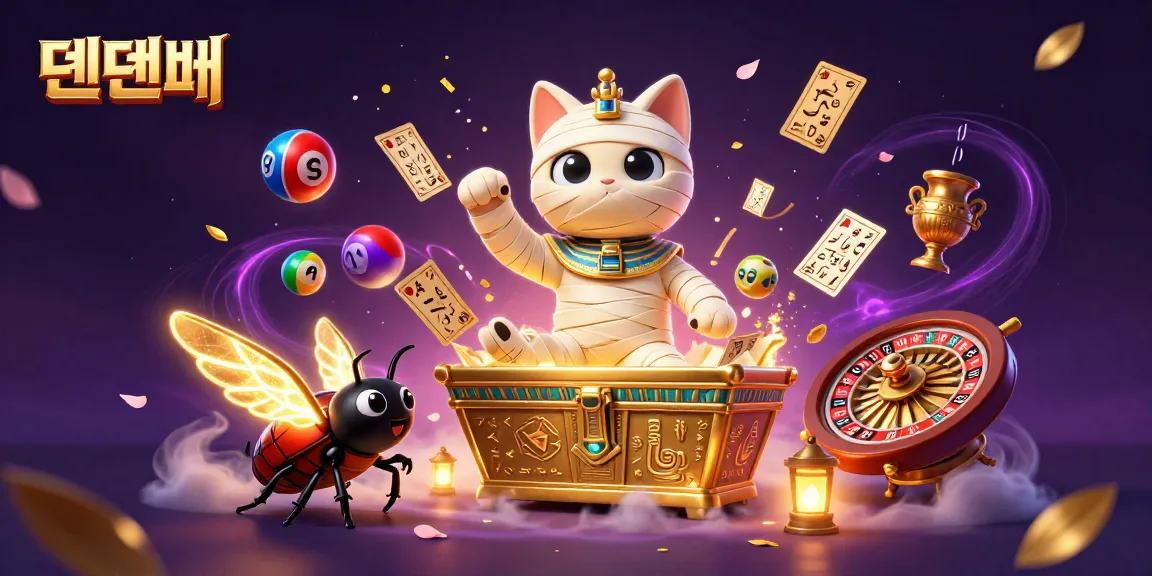 Shimmering display of 텐텐벳 with a cartoon mummy cat and vibrant casino elements.
