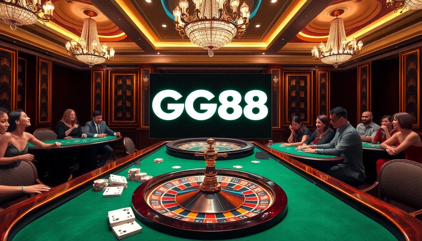 Excited players enjoying a luxurious GG88 gaming experience at a vibrant casino.