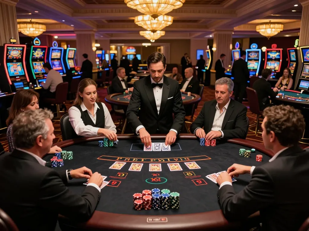 Players at z16 blackjack table placing bets with stacked chips in a vibrant casino setting.