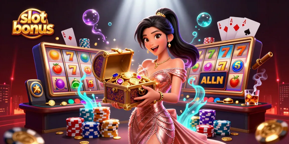Experience lucky slot bonuses with gleaming treasures and thrilling casino elements in this vibrant scene.