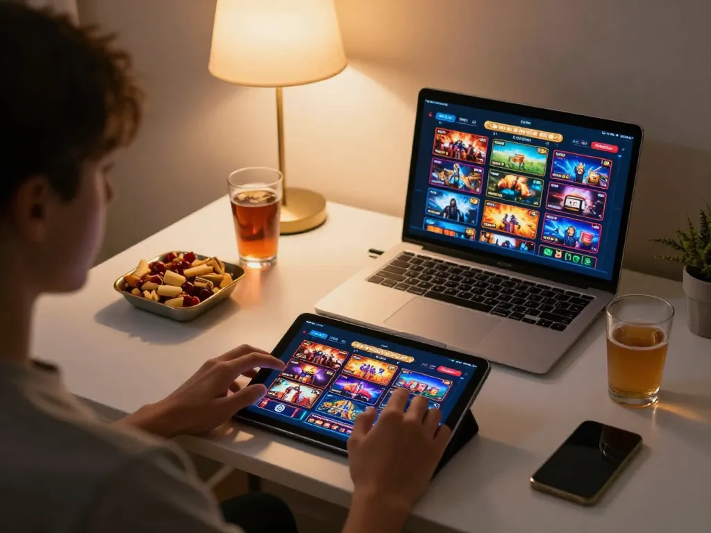 Player enjoying NEGO77 online slots in a cozy home environment, tablet displaying vibrant gaming action.