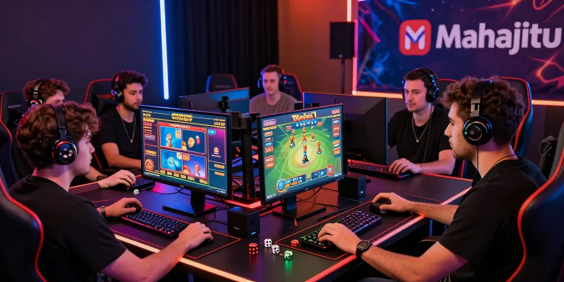Enthusiastic players enjoying online gaming at Mahajitu, showcasing vibrant graphics and gaming setups.