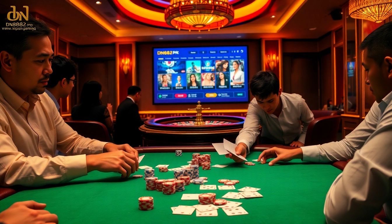 Experience thrilling gambling action at https://dn882.pro/ with vibrant games, poker chips, and engaging players.